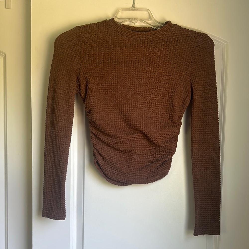 SHEIN Brown Ruched Ribbed Long Sleeve Tee